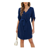 Womens Button Down Dress Summer V Neck 3/4 Sleeve Tie Waist Business Casual Work Mini Shirt Dresses