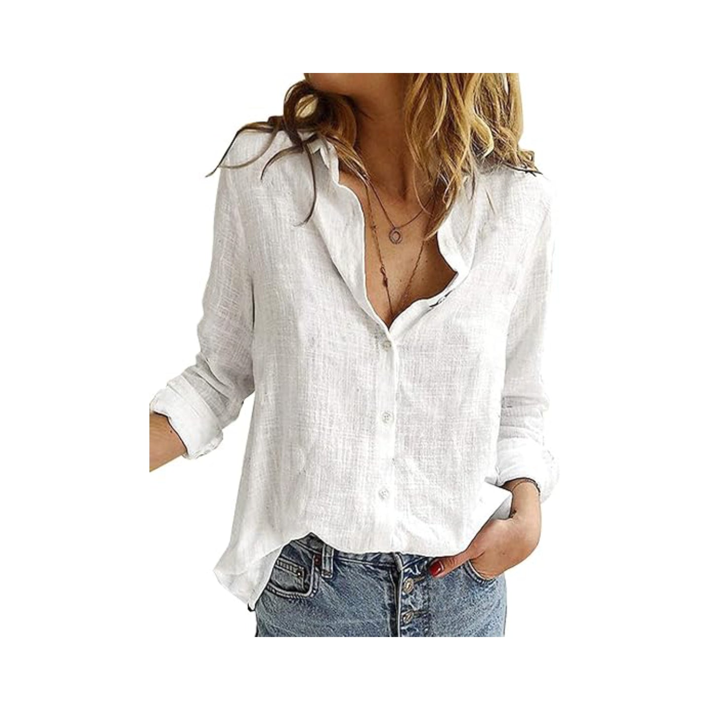 Womens V Neck Roll up Sleeve Button Down Blouses Tops