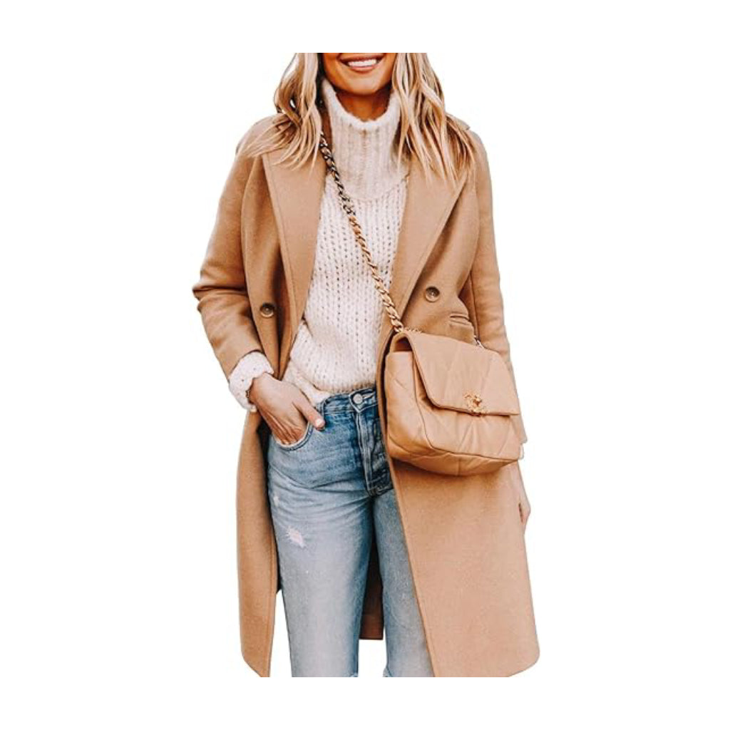 Women's Long Coat Notched Lapel Collar Double Breasted Pea Coat Winter Elegant Wool Blend Over Coats Jackets