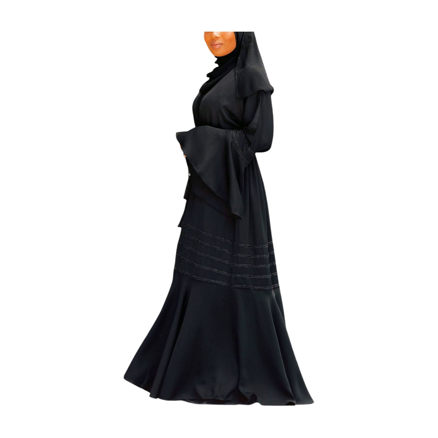 Umbrella-cut Abaya With Stonework adorning the sleeves and peplum