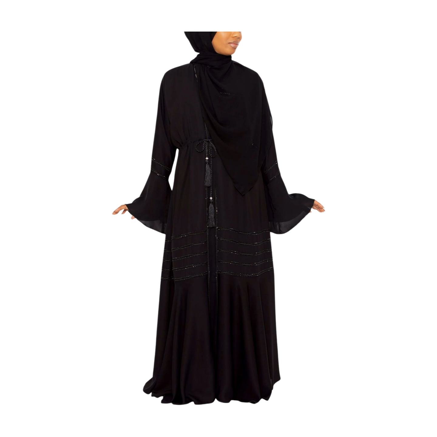 Umbrella-cut Abaya With Stonework adorning the sleeves and peplum