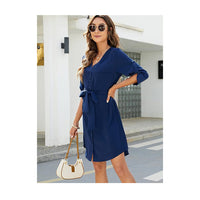 Womens Button Down Dress Summer V Neck 3/4 Sleeve Tie Waist Business Casual Work Mini Shirt Dresses