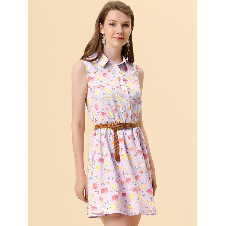 Women's Printed Half Placket Above Knee Sleeveless Belted Dress