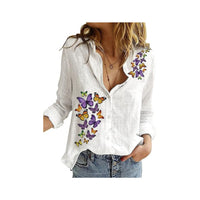 Linen Print Casual Shirts V Neck Collared Button Down Blouse Tops