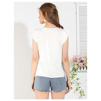 Women's Flutter Sleeve Tassels  Tops Women's Stripe Geo Pattern Embroidered V Neck Ruffle Cap Sleeve Peplum Tassel Flutter Blouse Top