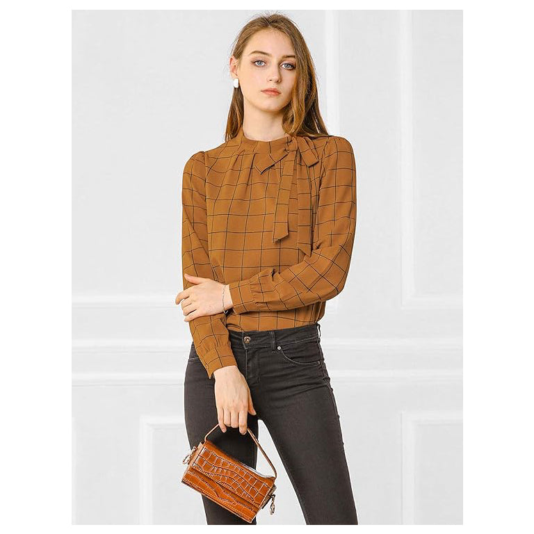 Women's Bow-Tie Neck  Checks Shirt Tops  Grid Checks Shirt Office Work Tops Blouses