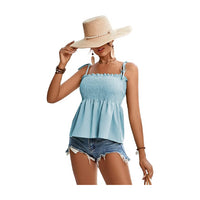 Women's Tie Shoulder Frill Shirred Sleeveless Blouse Women's Dressy Casual Tops Summer Tie Shoulder Frill Shirred Ruffle Hem Tank Tops Sleeveless Strappy Cami Work Shirts