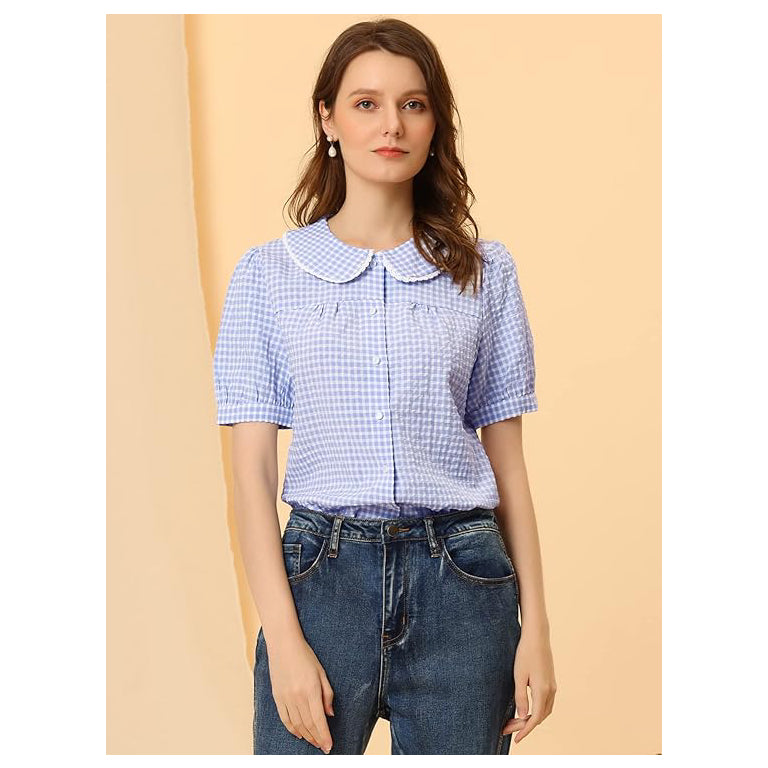 Allegra K Women's Plaid Blouse Puff Short Sleeve Gingham Peter Pan Collar Button Down Shirt