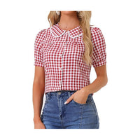 Allegra K Women's Plaid Blouse Puff Short Sleeve Gingham Peter Pan Collar Button Down Shirt