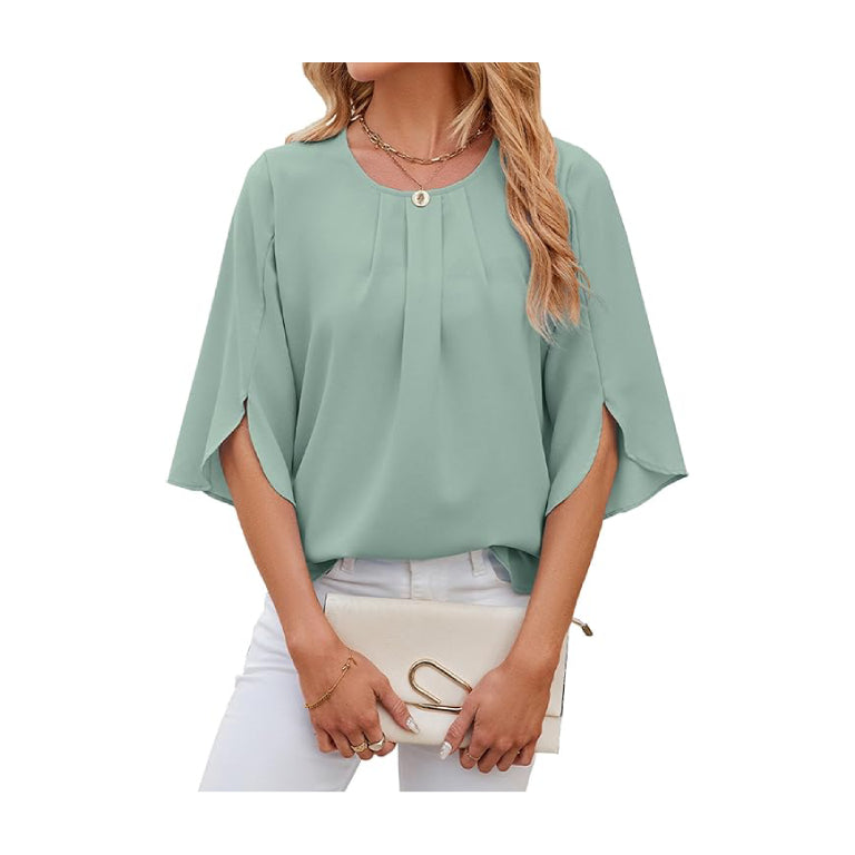 Womens Summer Chiffon Blouses 3/4 Sleeve V Neck Casual Loose Work Tops for Leggings 2024 Flowy Dressy Tshirts