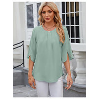 Womens Summer Chiffon Blouses 3/4 Sleeve V Neck Casual Loose Work Tops for Leggings 2024 Flowy Dressy Tshirts