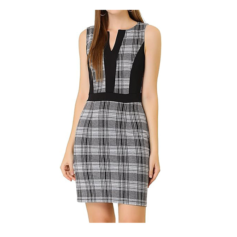 Women's Sleeveless Houndstooth Slim Fit Split Neck Bodycon Office Work Dress