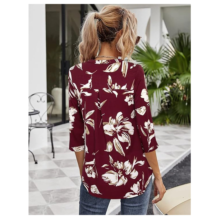 Women's Casual V Neck Alicia Floral Print Roll Up Long Sleeve Chiffon Button Down Blouses Bohemian Top Shirts