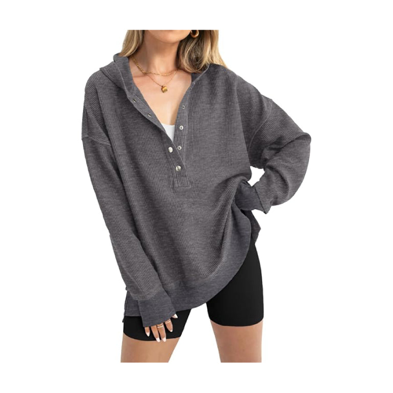 Hoodies for Women Oversized Waffle Knit Drawstring Button V Neck Long Sleeve Casual Pullover Sweatshirt Hooded Tops