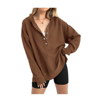 Hoodies for Women Oversized Waffle Knit Drawstring Button V Neck Long Sleeve Casual Pullover Sweatshirt Hooded Tops