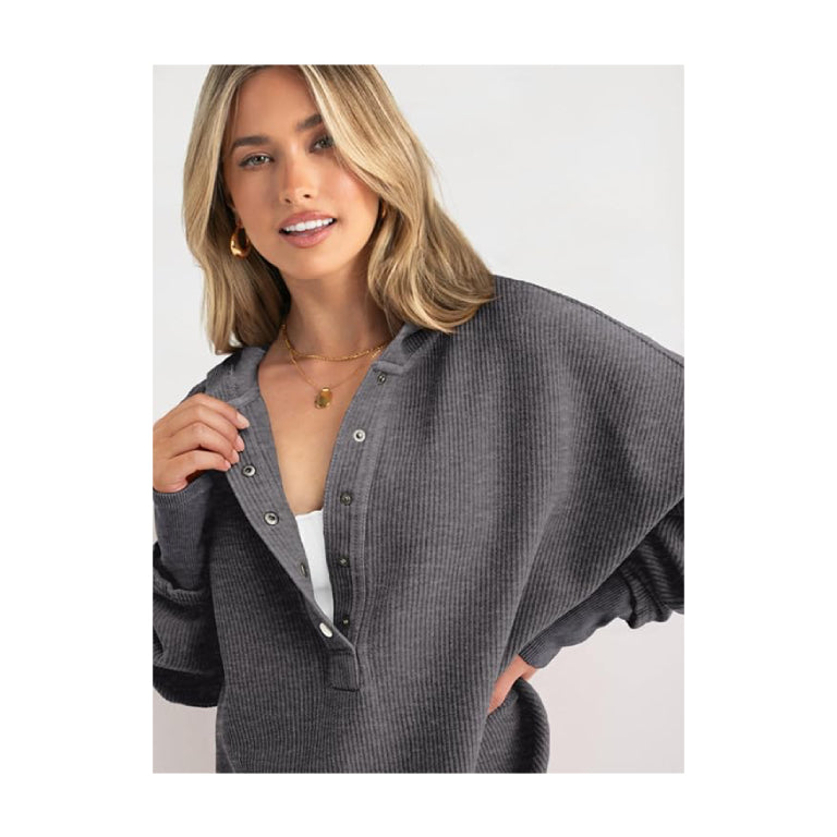 Hoodies for Women Oversized Waffle Knit Drawstring Button V Neck Long Sleeve Casual Pullover Sweatshirt Hooded Tops