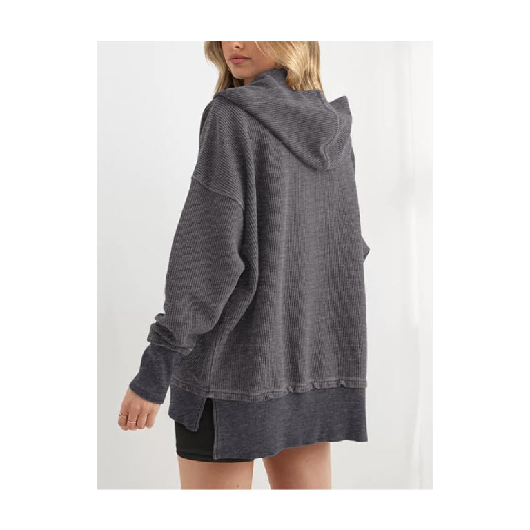 Hoodies for Women Oversized Waffle Knit Drawstring Button V Neck Long Sleeve Casual Pullover Sweatshirt Hooded Tops