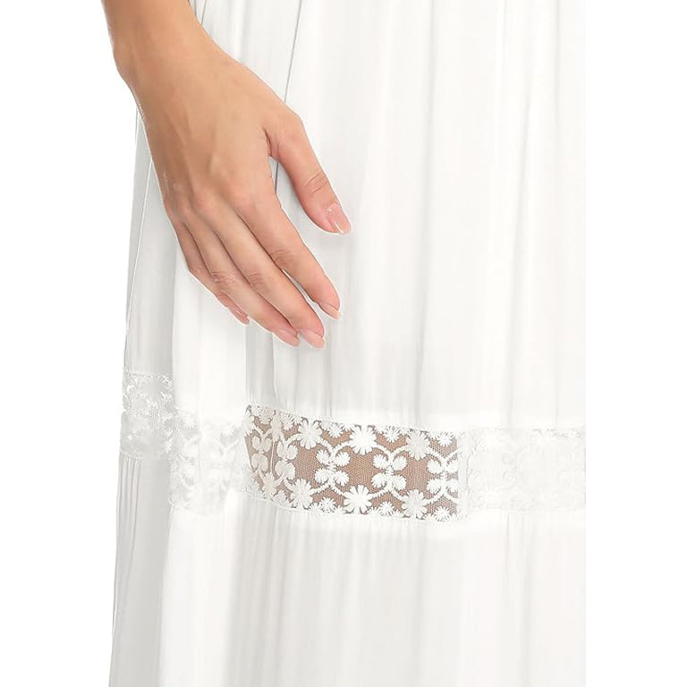 Women's Boho Elastic High Waist Pleated A-line Ruffle Lace Trim Tiered Midi Maxi Skirt with Pockets