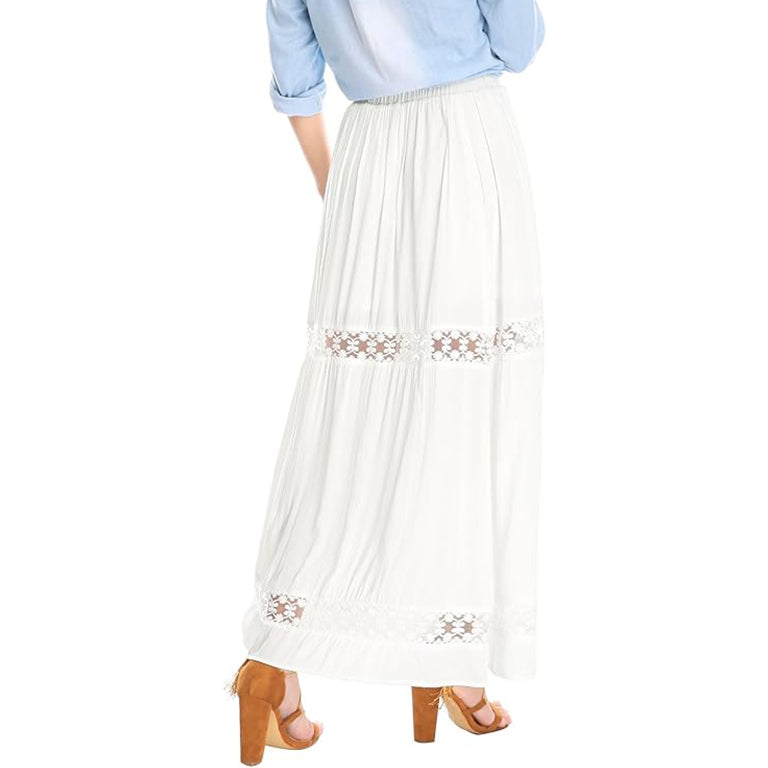 Women's Boho Elastic High Waist Pleated A-line Ruffle Lace Trim Tiered Midi Maxi Skirt with Pockets
