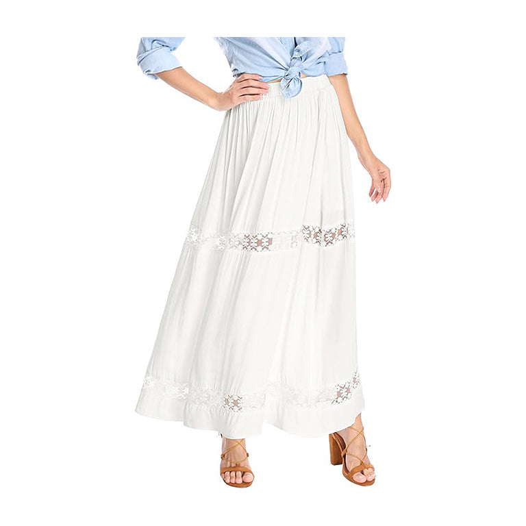 Women's Boho Elastic High Waist Pleated A-line Ruffle Lace Trim Tiered Midi Maxi Skirt with Pockets