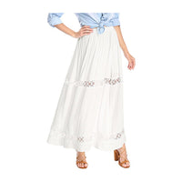 Women's Boho Elastic High Waist Pleated A-line Ruffle Lace Trim Tiered Midi Maxi Skirt with Pockets