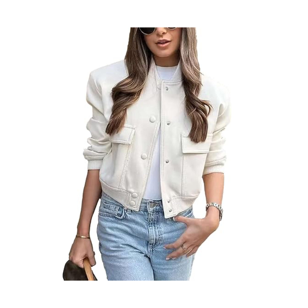 Womens Bomber Jacket Fashion Short Cropped Jacket Casual Jackets for Women Varsity Jacket with Pockets Spring Fall