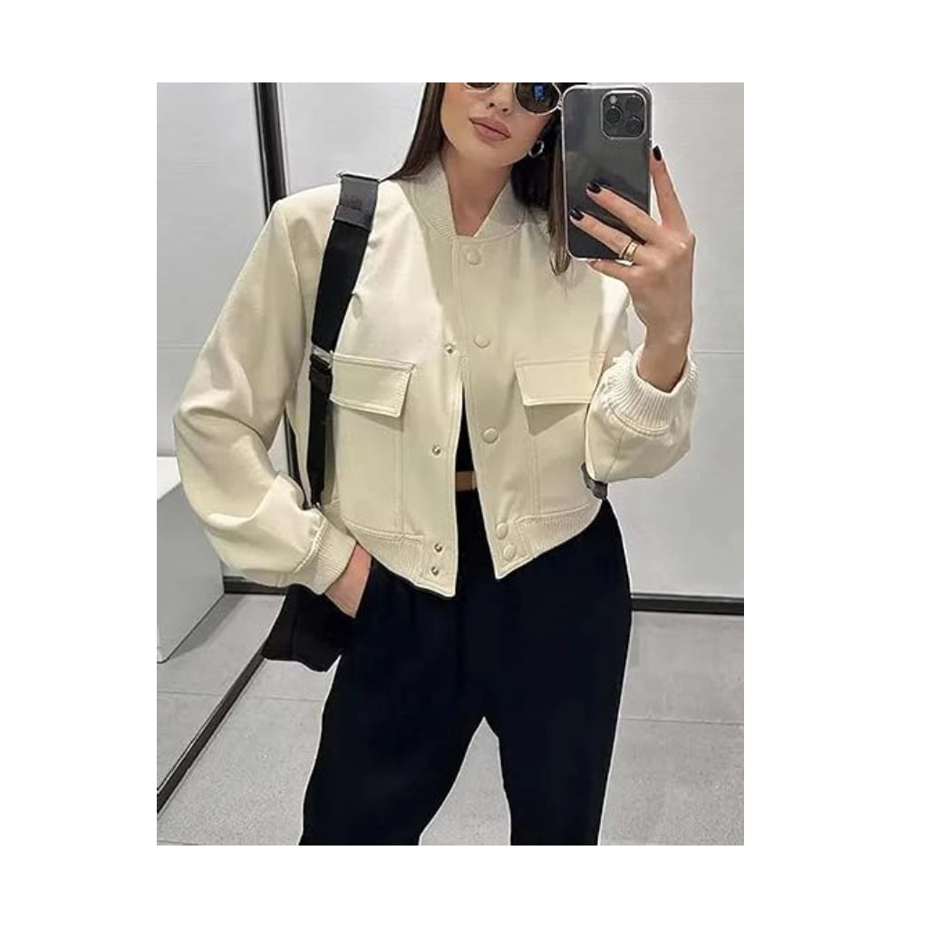 Womens Bomber Jacket Fashion Short Cropped Jacket Casual Jackets for Women Varsity Jacket with Pockets Spring Fall