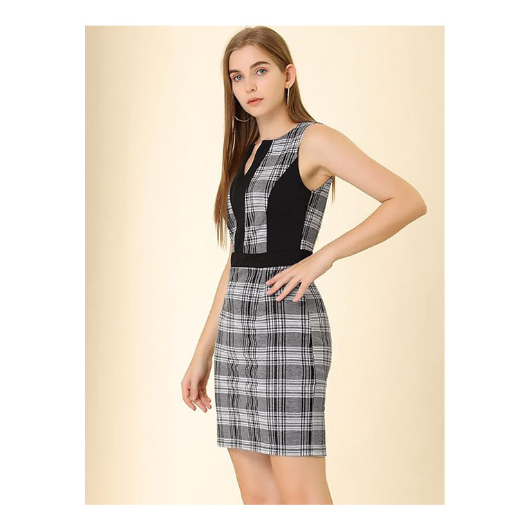 Women's Sleeveless Houndstooth Slim Fit Split Neck Bodycon Office Work Dress