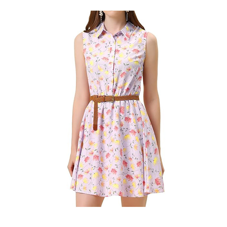 Women's Printed Half Placket Above Knee Sleeveless Belted Dress
