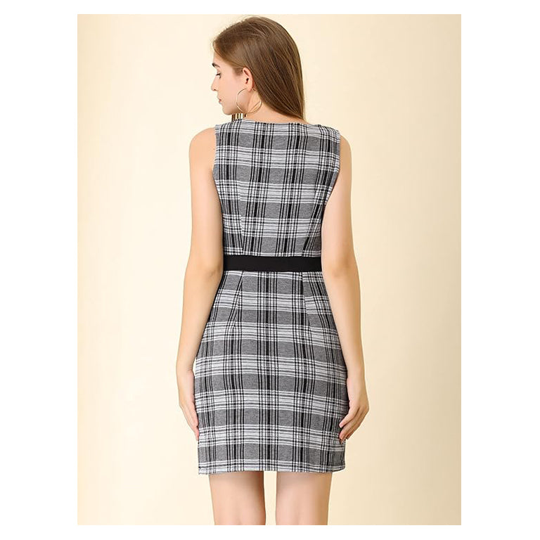 Women's Sleeveless Houndstooth Slim Fit Split Neck Bodycon Office Work Dress