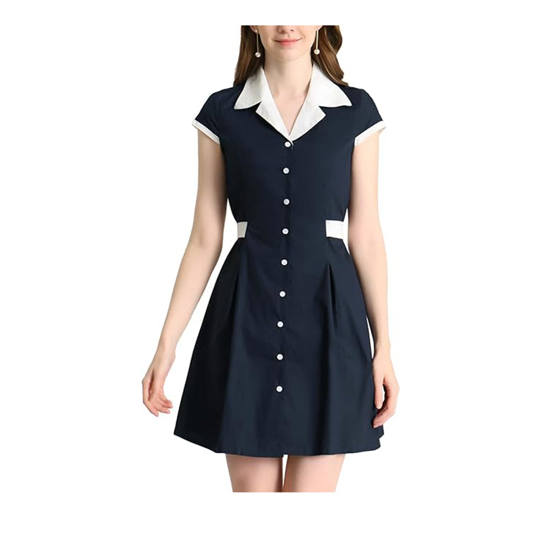 Women's Vintage Button Down Dress Flat Collar Belted Office Mini Shirt Dress