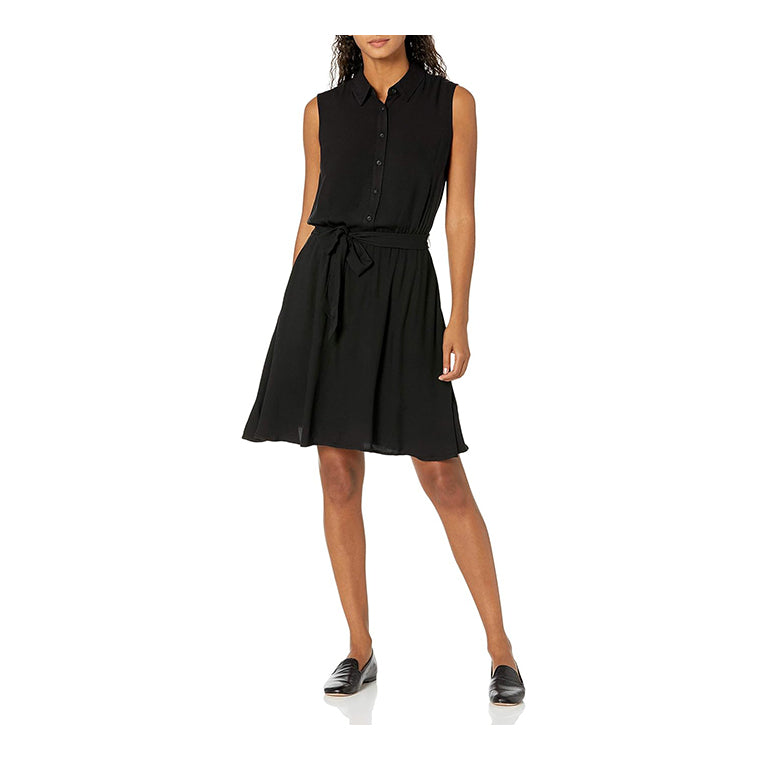 Women's Sleeveless Woven Shirt Dress Black Dress