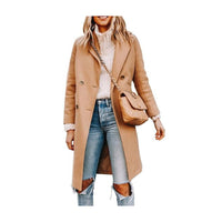 Women's Long Coat Notched Lapel Collar Double Breasted Pea Coat Winter Elegant Wool Blend Over Coats Jackets