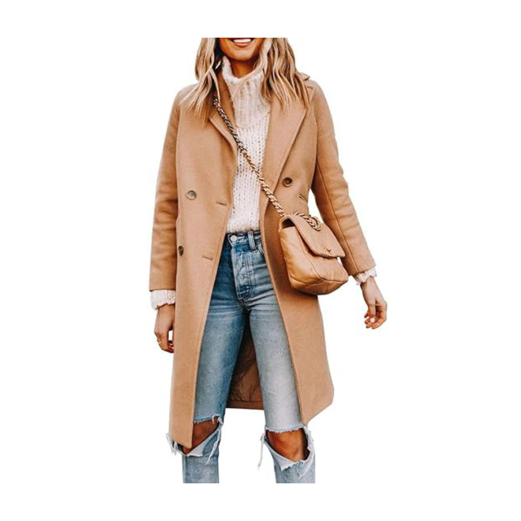 Women's Long Coat Notched Lapel Collar Double Breasted Pea Coat Winter Elegant Wool Blend Over Coats Jackets