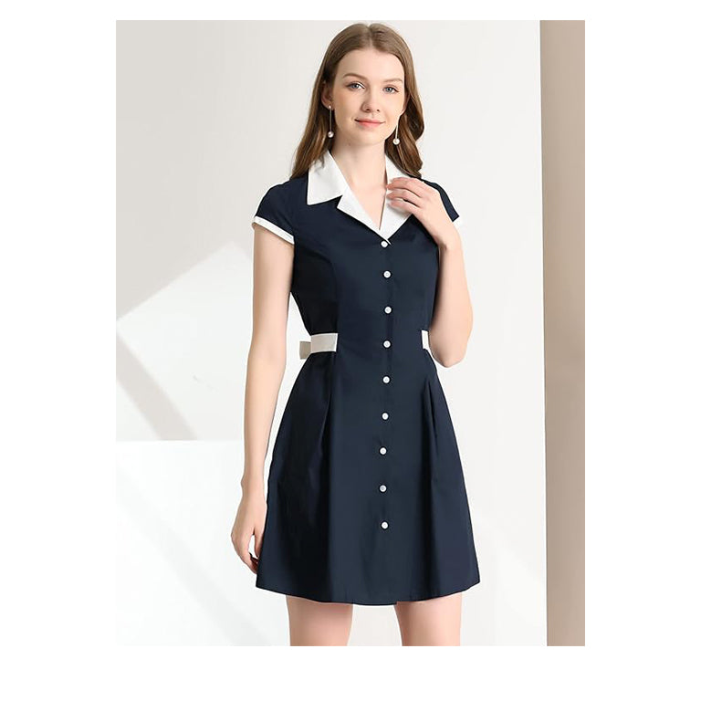 Women's Vintage Button Down Dress Flat Collar Belted Office Mini Shirt Dress