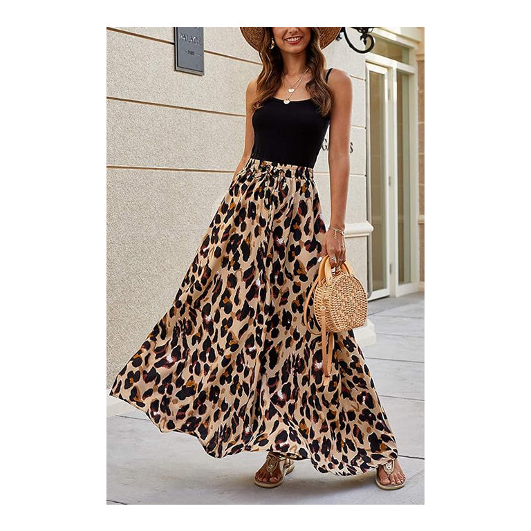 Women Leopard Print Long Skirts Chiffon Summer Beach Pleated Elastic High Waisted Maxi Skirts