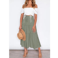 Women's Boho Elastic High Waist A Line Ruffle Swing Beach Maxi Skirt with Pockets