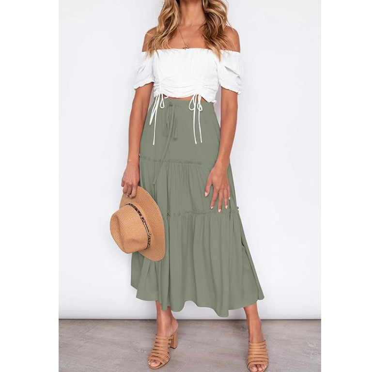 Women's Boho Elastic High Waist A Line Ruffle Swing Beach Maxi Skirt with Pockets