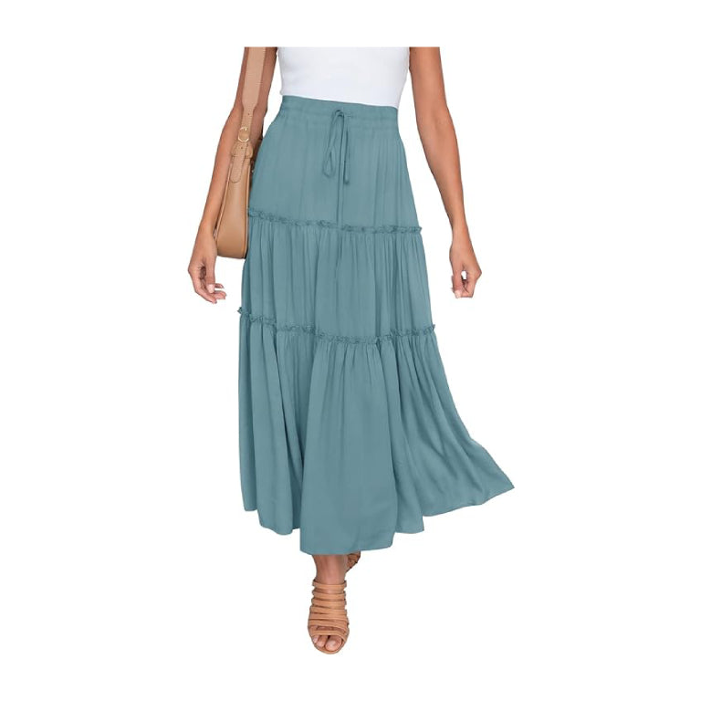 Women's Boho Elastic High Waist A Line Ruffle Swing Beach Maxi Skirt with Pockets