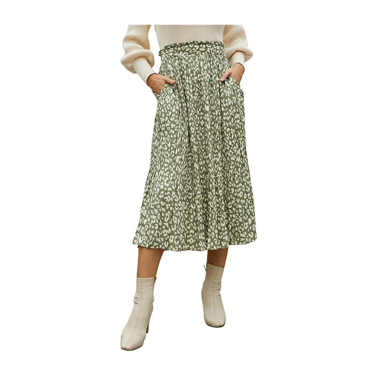 Womens High Waist Polka Dot Pleated Skirt Midi Swing Skirt with Pockets