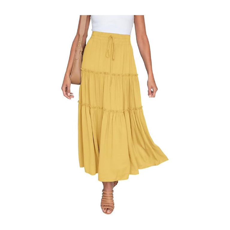 Women's Boho Elastic High Waist A Line Ruffle Swing Beach Maxi Skirt with Pockets