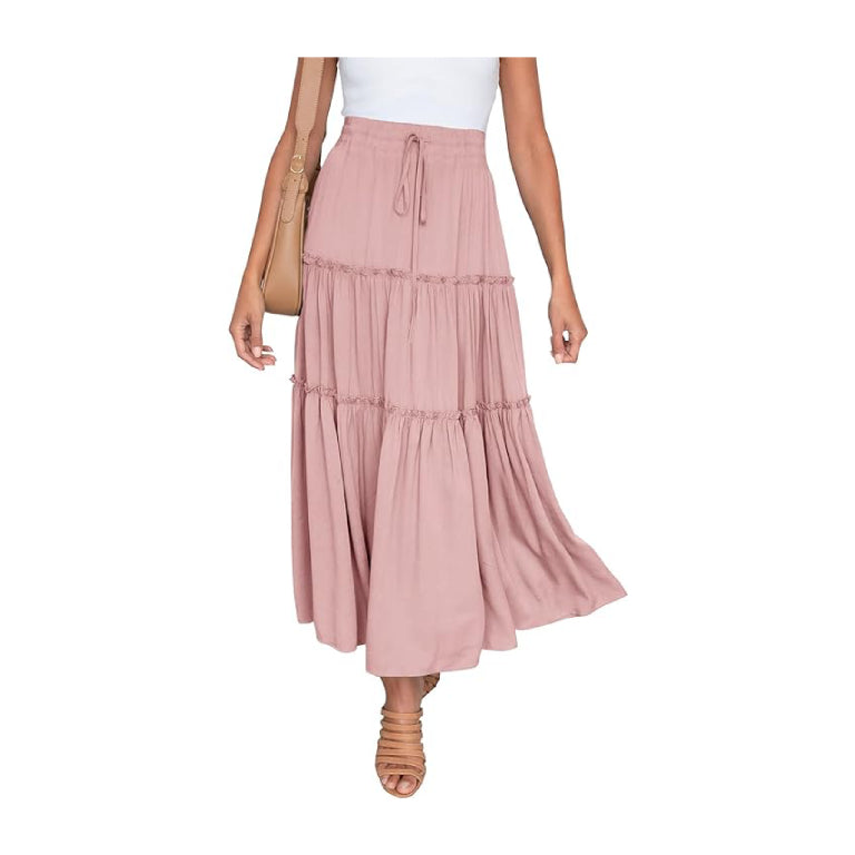 Women's Boho Elastic High Waist A Line Ruffle Swing Beach Maxi Skirt with Pockets