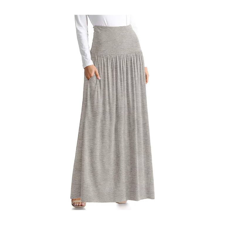 Women’s Boho Elastic High Waist Pleated A-Line Flowy Swing Asymmetric Tiered Maxi Long Skirt Dress with Pockets