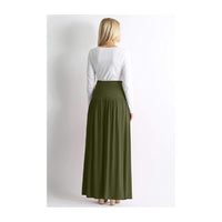 Women’s Boho Elastic High Waist Pleated A-Line Flowy Swing Asymmetric Tiered Maxi Long Skirt Dress with Pockets