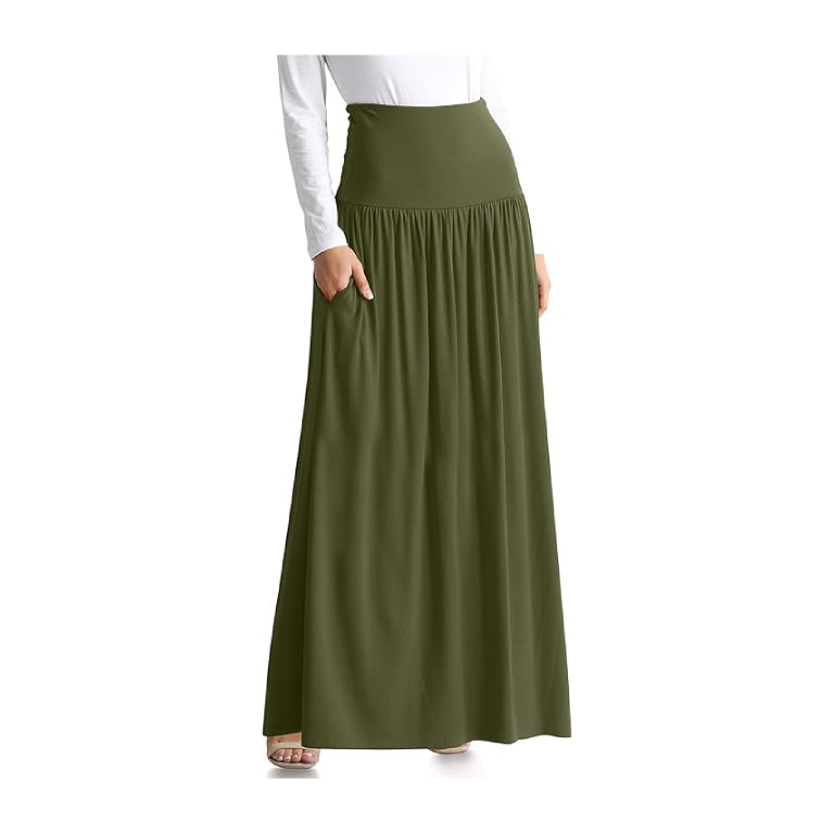 Women’s Boho Elastic High Waist Pleated A-Line Flowy Swing Asymmetric Tiered Maxi Long Skirt Dress with Pockets