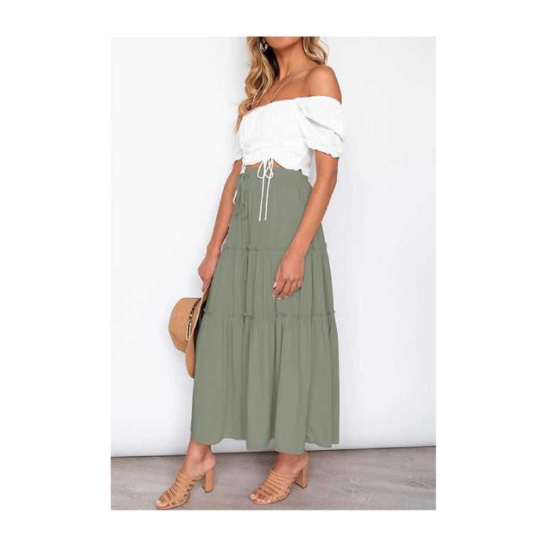 Women's Boho Elastic High Waist A Line Ruffle Swing Beach Maxi Skirt with Pockets
