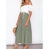 Women's Boho Elastic High Waist A Line Ruffle Swing Beach Maxi Skirt with Pockets