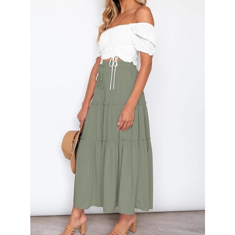 Women's Boho Elastic High Waist A Line Ruffle Swing Beach Maxi Skirt with Pockets