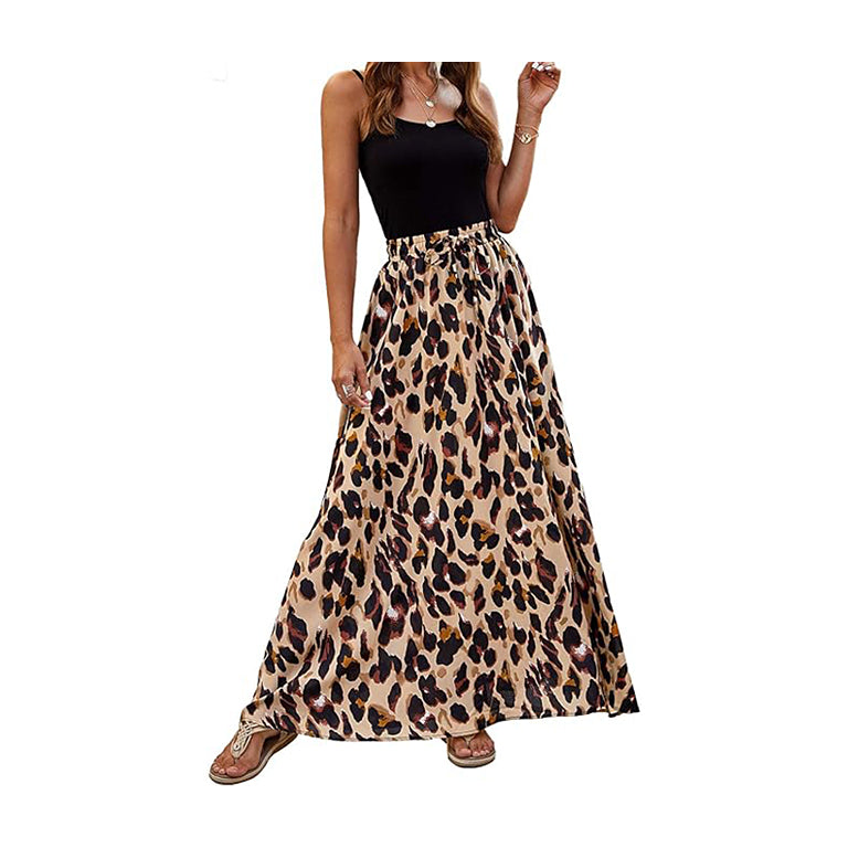 Women Leopard Print Long Skirts Chiffon Summer Beach Pleated Elastic High Waisted Maxi Skirts