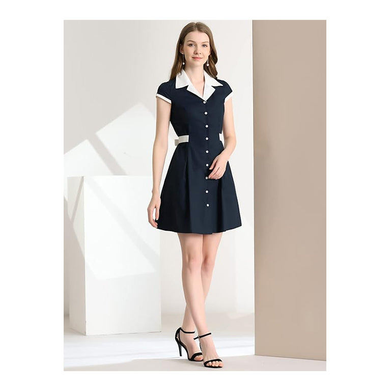 Women's Vintage Button Down Dress Flat Collar Belted Office Mini Shirt Dress